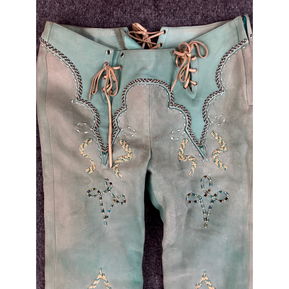 Vintage Western Suede Leather Pants Beaded Lace Up Turquoise OOAK Couture Rare - Picture 11 of 16